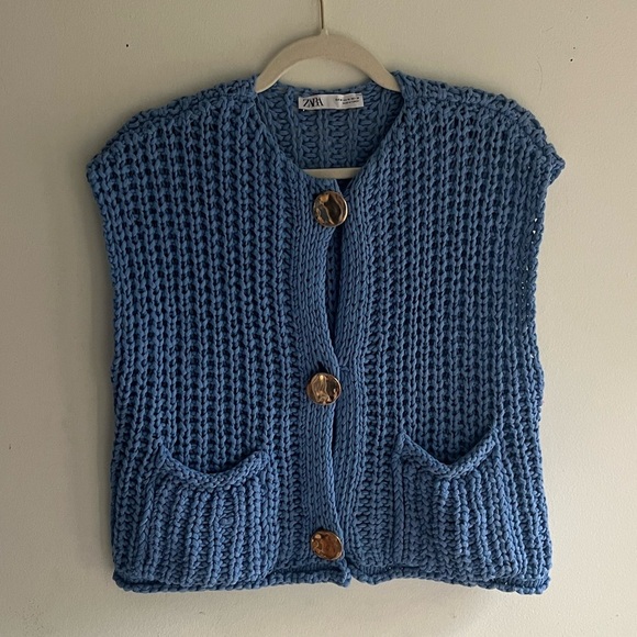 ZARA Chunky Knit Blue Sweater Vest Size Medium - Picture 2 of 6
